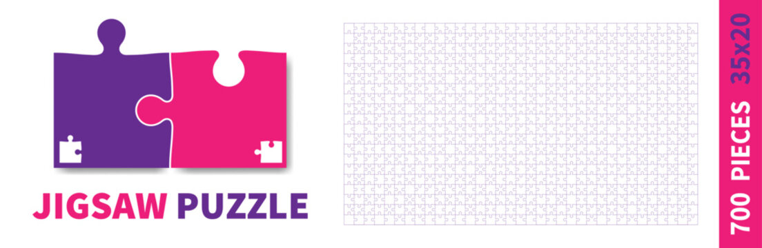 Detailed various shapes puzzle grid. Jigsaw puzzle blank template. 35x20 shapes, 700 pieces. Separate matching puzzle elements. Vector illustration