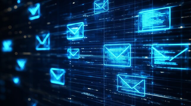 A futuristic digital illustration of glowing blue email icons on a dark background