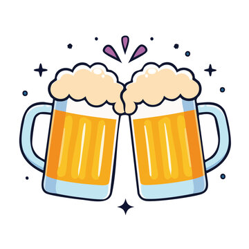 Two beer mugs clinking with foam and bubbles