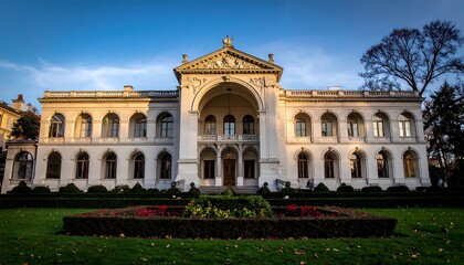 Obraz premium A large white building with a central archway and symmetrical facade surrounded by a well-manicured lawn and flowerbed