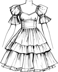 Fototapeta premium Modern Romantic Puff Sleeve Babydoll Dress Flat Sketch Vector