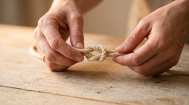 Close-up of hands tying a simple knot with rope on a wooden table, demonstrating a basic skill