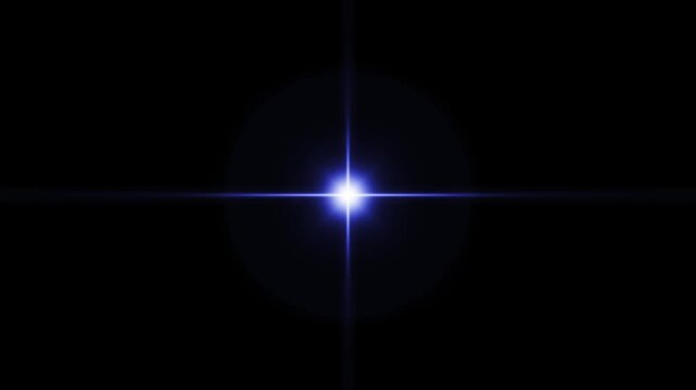 Dynamic blue lens flare with a four point blue star lens flare effect and scattered light orbs creating a warm, energetic glow on black screen. visual effects light glow cross sparkle overlay video