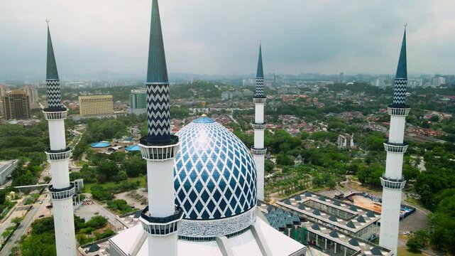 Aerial view of Sultan Salahuddin Abdul Aziz Shah Mosque, also known as the Blue Mosque, in Shah Alam, Selangor, Malaysia.