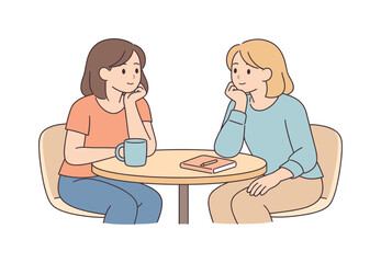 Fototapeta premium Two friends talking about life plans at small table, seated side by side with thoughtful body language and quiet focus,