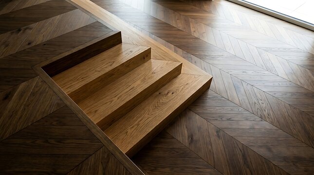 Wooden stairs on parquet floor with herringbone pattern