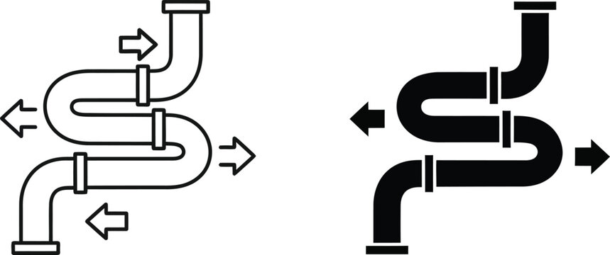 Plumbing pipe system illustration with flow direction line art and solid versions