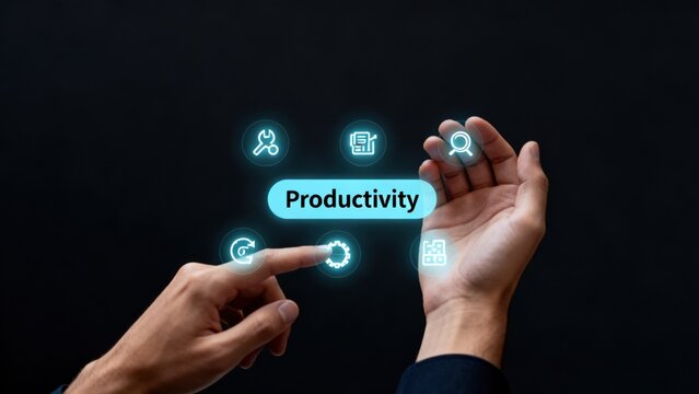 Hands interacting with digital productivity icons