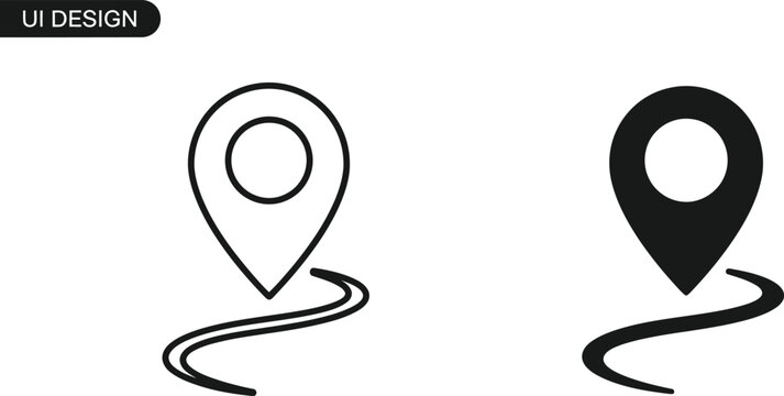 Location pin with winding road icon set outline and filled versions