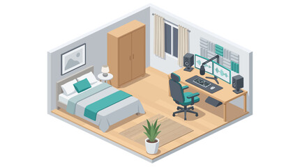 Fototapeta premium Isometric Home Studio and Bedroom Interior Design Illustration