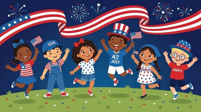 Diverse group of happy children celebrating 4th of july with american flags and fireworks