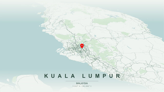 Modern minimalist vector map of Kuala Lumpur, Malaysia. High-quality scalable illustration of Kuala Lumpur city grid, Bukit Bintang commercial axis, Klang River confluence for posters design.