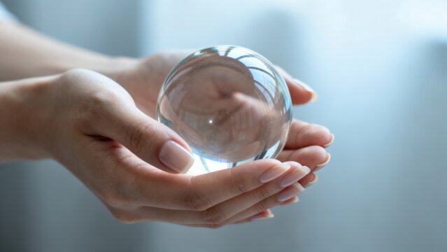 Hands holding a clear glass sphere