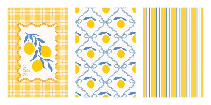 Set of yellow Italian summer posters with lemons. Gingham and striped seamless pattern backgrounds. Hand drawn Mediterranean prints with citrus fruits. Italian vacation aesthetic. Vector illustration