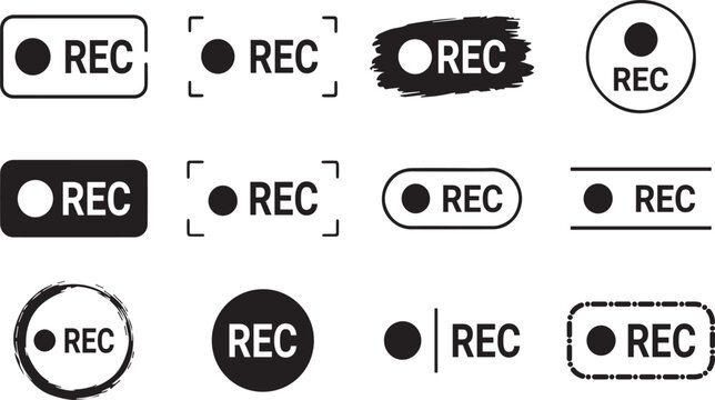 Collection of recording icon labels in various styles and shapes