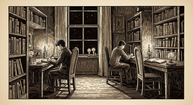 Nighttime scholarly study session in an old library with two focused students isolated on a transparent background