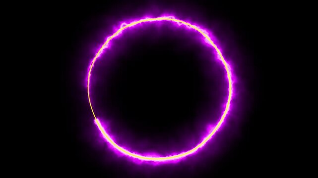 glowing purple neon circle frame background abstract fire energy light path ring animation on black background magic portal solar eclipse line effect motion graphics loop background. 4k