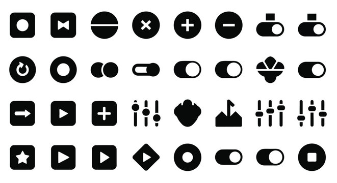 Diverse collection of black and white interface and control icons on a white background button symbol