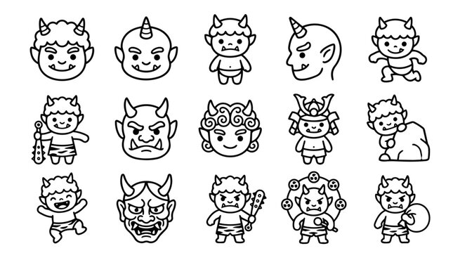 Japanese Oni demon character line art set