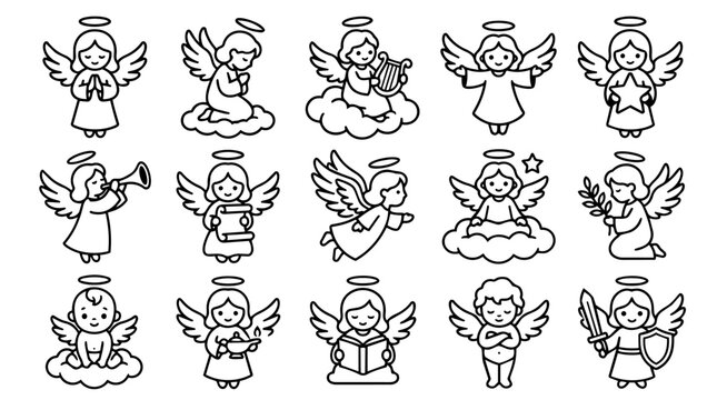 Set of cute angels line icons with various actions