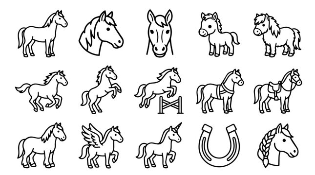 Set of cartoon horse and pony line art icons