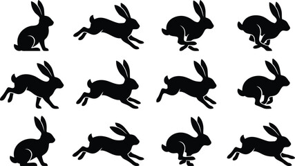 Fototapeta premium Black rabbit silhouettes in jumping and running poses
