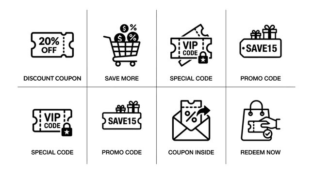 Collection of modern icons representing discounts, savings, and shopping offers.