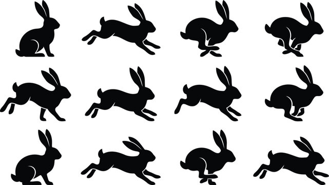 Black rabbit silhouettes in jumping and running poses