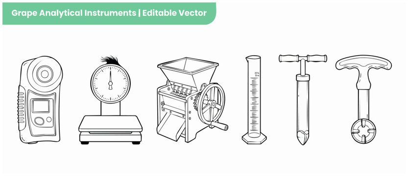 Grape analytical instruments line art for winemaking quality control and vineyard science tests, featuring refractometer, scale, crusher, graduated brix cylinder, and soil sampler. Vector illustration