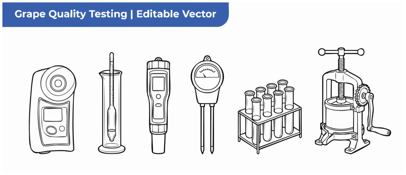 Grape quality testing laboratory equipment black and white line art vector icons set including refractometer, hydrometer, pH meter, soil probe, test tubes, and grape press for winery analysis setup.
