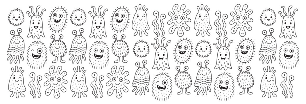 A collection of cute hand-drawn monsters and microbes with expressive faces on transparent background