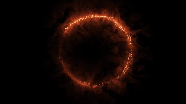 electric red fire circle light path effect glowing round loop on black background burning laser line ring motion graphic frame overlay abstract neon stroke elements animation background. 4k