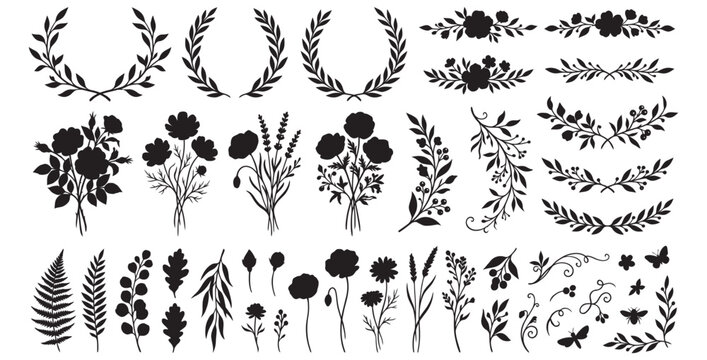Collection of black botanical floral and leaf silhouettes for decorative design elements on transparent background