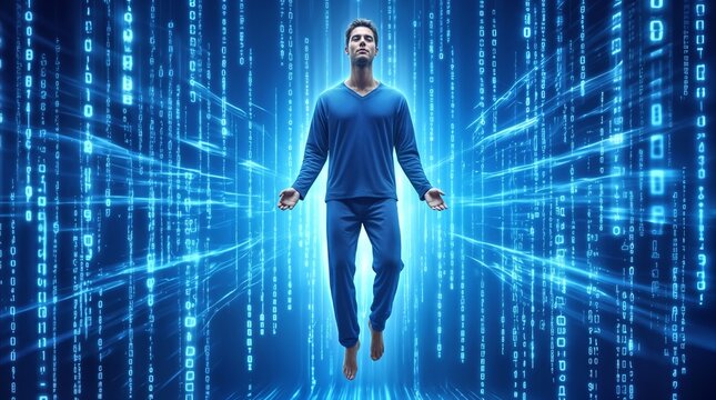 Floating male figure in blue loungewear experiencing virtual reality immersion. Cyberspace environment with vertical binary code streams and glowing blue light.