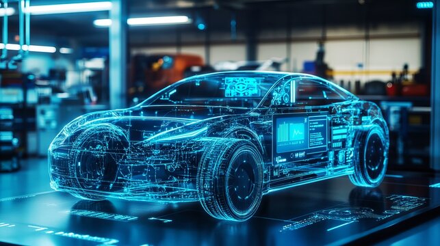A futuristic blue wireframe car model displayed in a modern workshop or laboratory setting