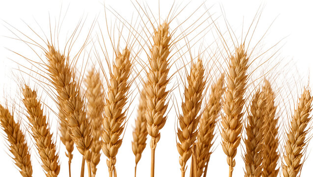 Golden wheat stalks with delicate awns, isolated on transparent background
