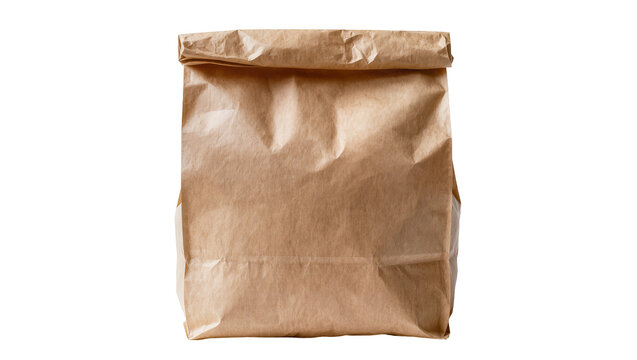 Crinkled brown paper lunch bag with folded top, isolated on transparent background