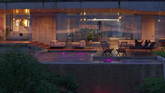 A devoted father and his enthusiastic son cherish quality time in their luxurious home, enjoying the beautiful pool and greenery that enhance their memorable, comfortable experience