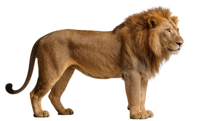 Majestic male lion with full mane standing, isolated on transparent background © Niamh