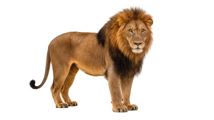 Majestic male lion with full mane, standing proudly isolated on transparent background © Niamh