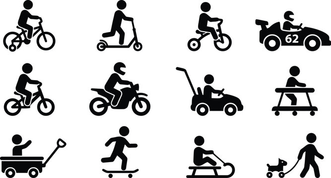 Transportation icons set featuring children riding bicycles scooters motorcycles go karts skateboards and strollers in simple black vector style