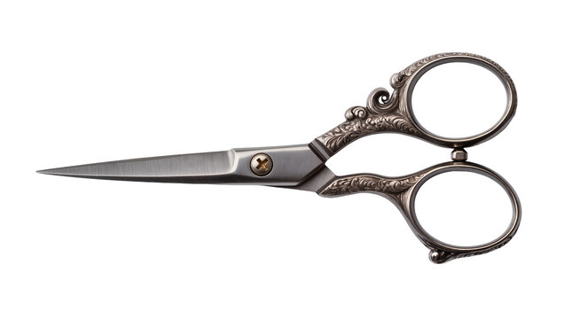 Antique ornate silver embroidery scissors with detailed handles, isolated on transparent background