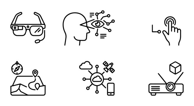 Technology Icons: Augmented Reality, Navigation, Cloud Computing, Projection, Futuristic Vision, Digital Interaction