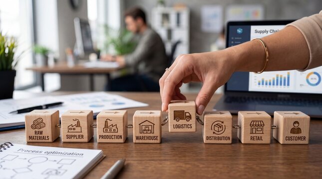 Supply Chain Management and Logistics Concept - Hand Placing Logistics Block in Sequence from Raw Materials to Customers in Office