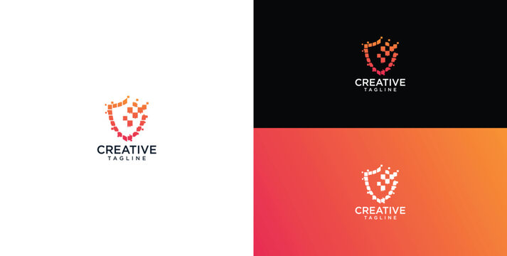 logo design. modern digital style abstract pixel shield logo icon, illustration.