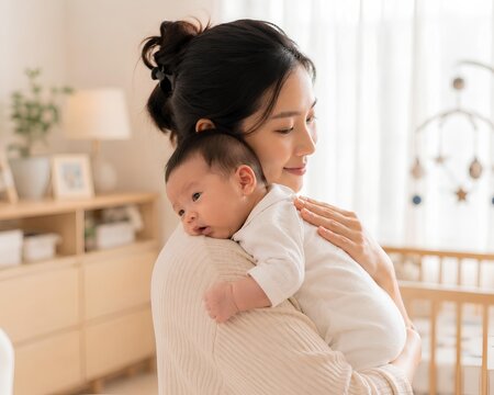 Asian Mother Burping Newborn Baby on Shoulder, Gentle Patting Back