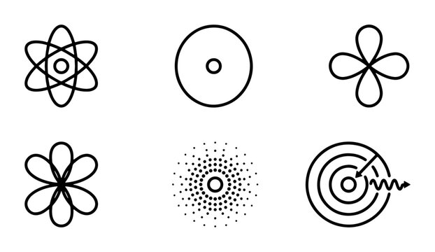 Atomic Structure Icons, Science Symbols, Molecular Models, Physics Diagrams, Chemistry Icons, Vector Graphics