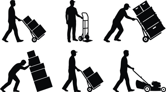 Delivery workers silhouettes collection featuring men moving cardboard boxes with hand trucks and a man using a lawn mower machine