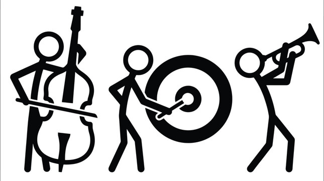 Stick figure musical band icons, cello gong, trumpet, isolated on a plain white background for graphic design projects