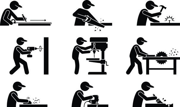 Construction worker icons set, manual labor tasks, drilling, sawing, hammering, measuring, painting.